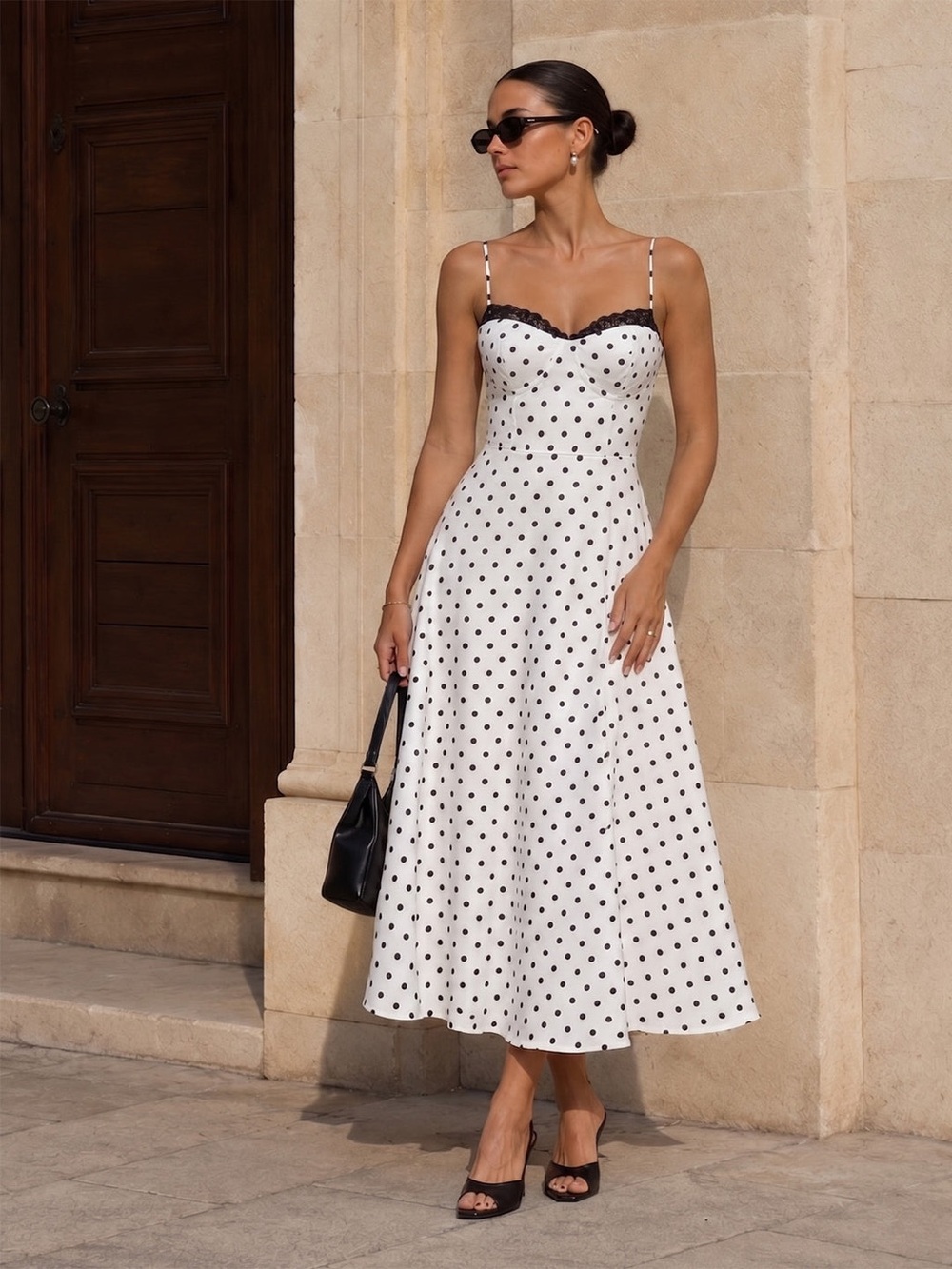 Commense Polka Dot Lace Trim Cami Maxi Dress